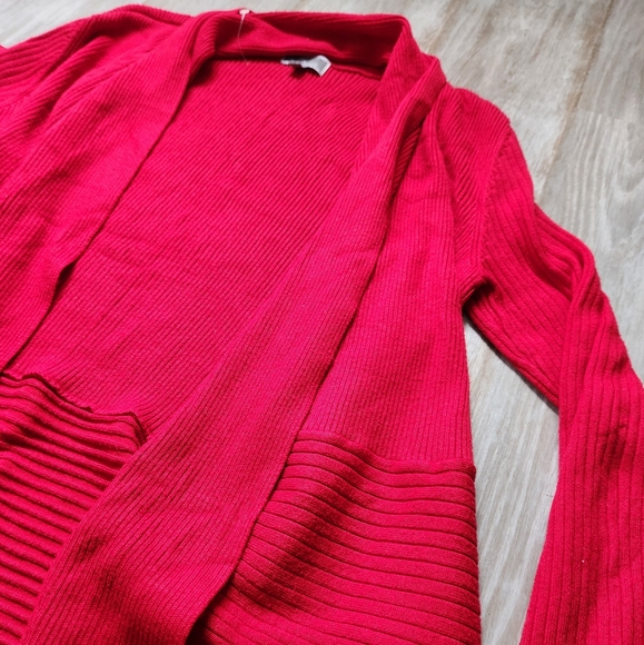JM Collection Red Long Sleeve Open Front Cowl Neck Cardigan Petite Large Ribbed - Picture 2 of 7